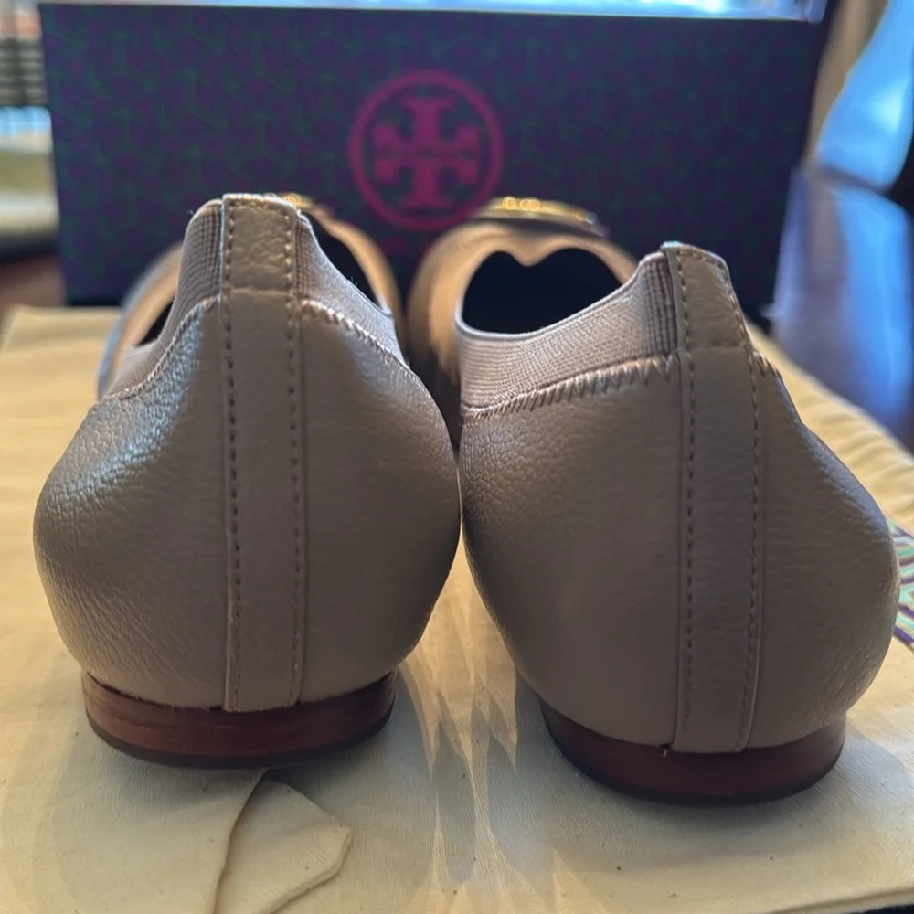 Title: Tory Burch Claire Ballet Flats Tan Gold Logo Elastic Size 9.5M Dust Bag